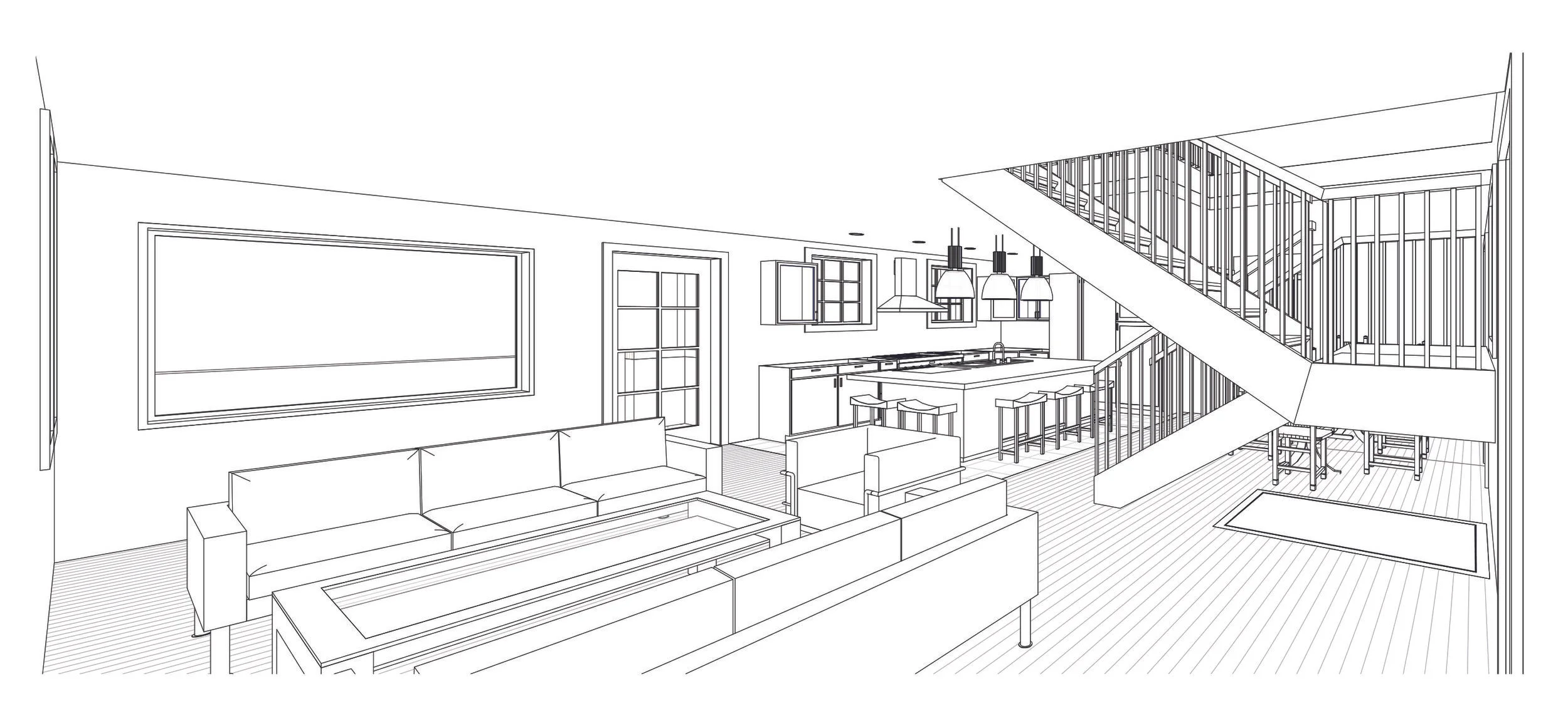 3D view of the new open first floor plan.