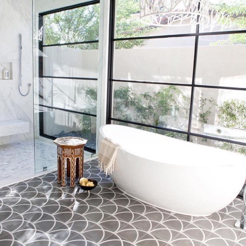 Stone in the shower | encaustic cement tile | wonderful mix of materials