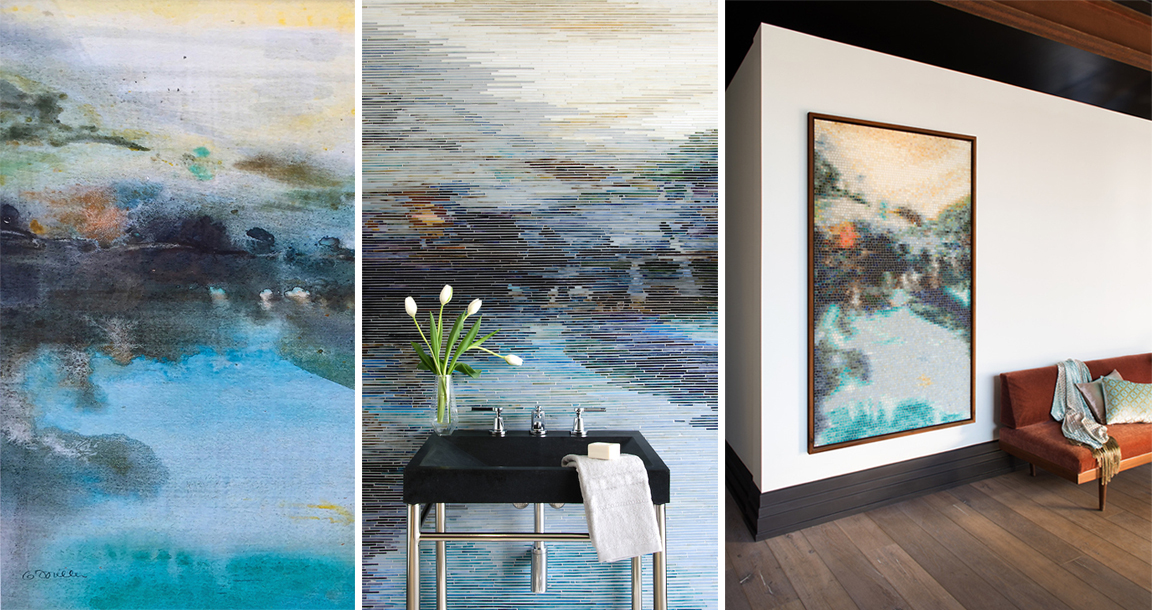 BLACK POOL , an original acrylic painting by artist Gail Miller, is the perfect blend of serene, eye-catching, and moody. For this collaboration, we interpreted her artwork into two styles of glass mosaic.
