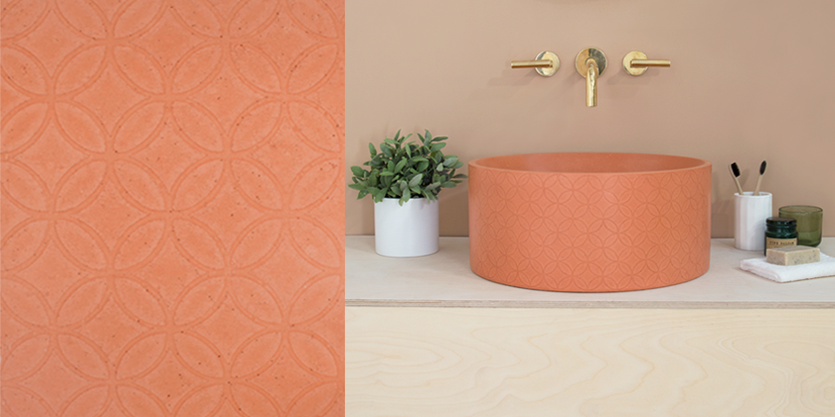 Mara- a round design with a bowl interior and vertical edge featuring an interlocking pattern that mimics the circular form.