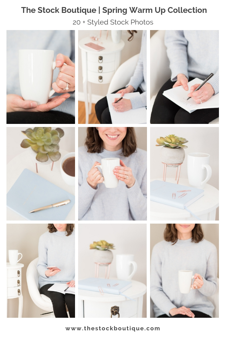 We’re so excited to be sharing our latest stock photography collection Spring Warm Up ! This collection is full of fresh whites and cozy pastel blue- the perfect entrance into the chilly early spring weather! Accented sweetly with a cute succulent, soft rose gold and a small vintage table, we know it will have your customers commenting about all the little details! #styledstockphotography