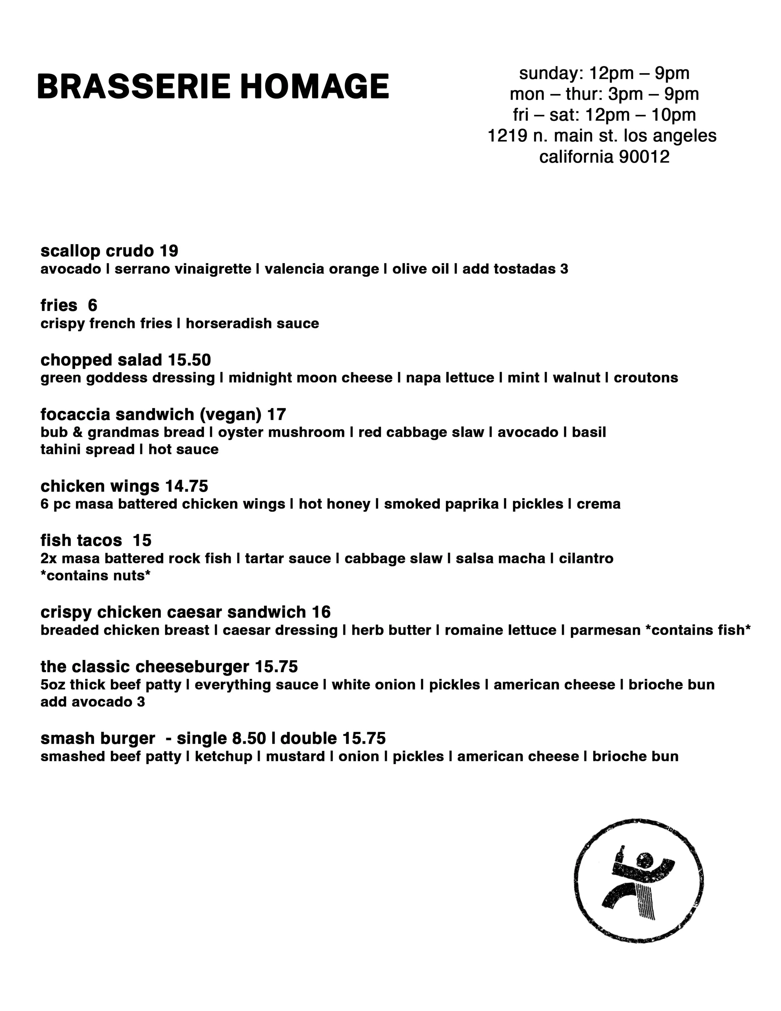Food Menu with Scallop Crudo, Chopped Salad, Fish Tacos, Masa Battered Wings, Focaccia Sandwich(Vegan), Classic Cheeseburger, Double Smash Burger, French Fries, & Lunch Combo