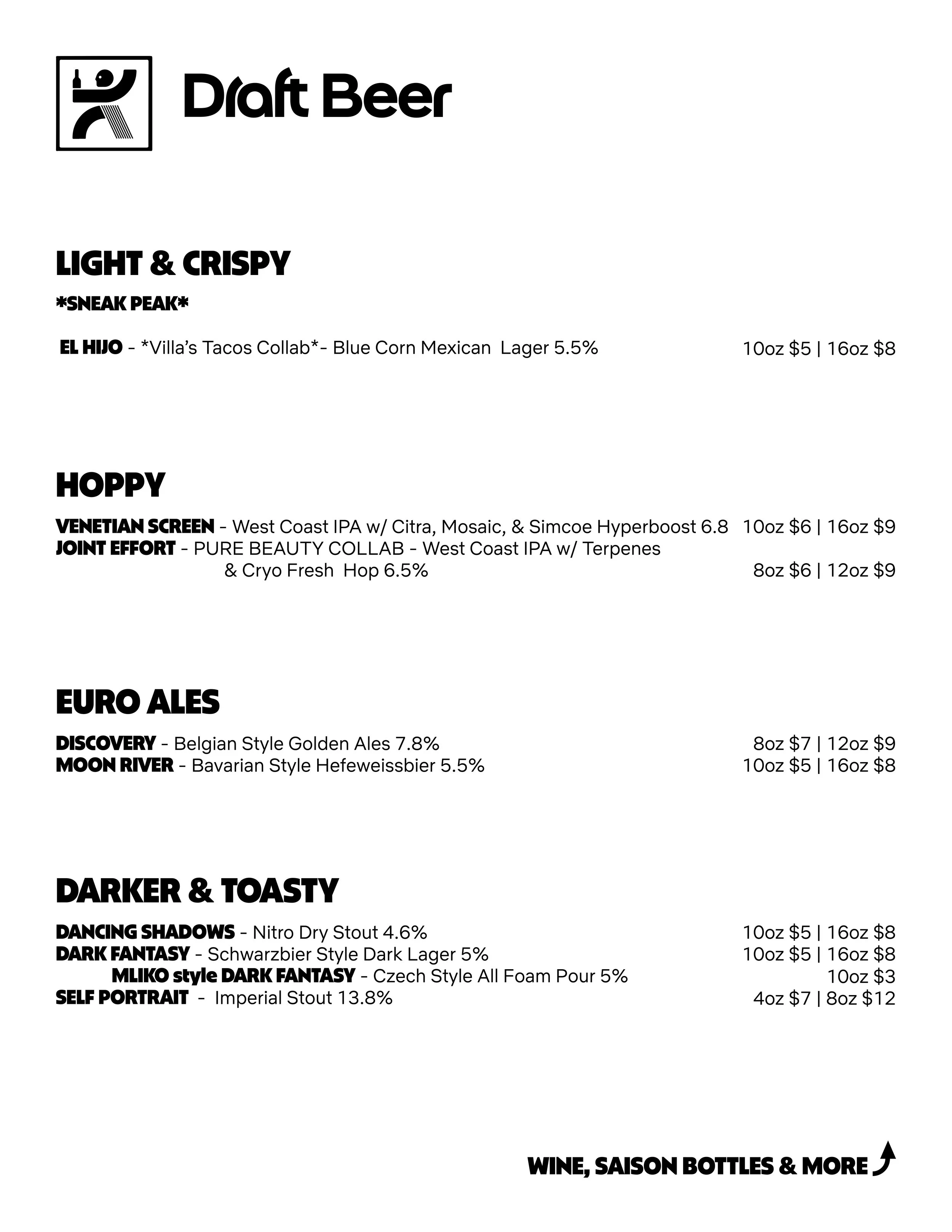 Current Draft List with Snappy, Crispy, & Malty Lagers, Hoppy & Malty Ales, West Coast & Hazy IPAs, &  Funky, Tart, Sour, & Wild Barrel Aged Saisons. Plus Non-alcoholic beverages