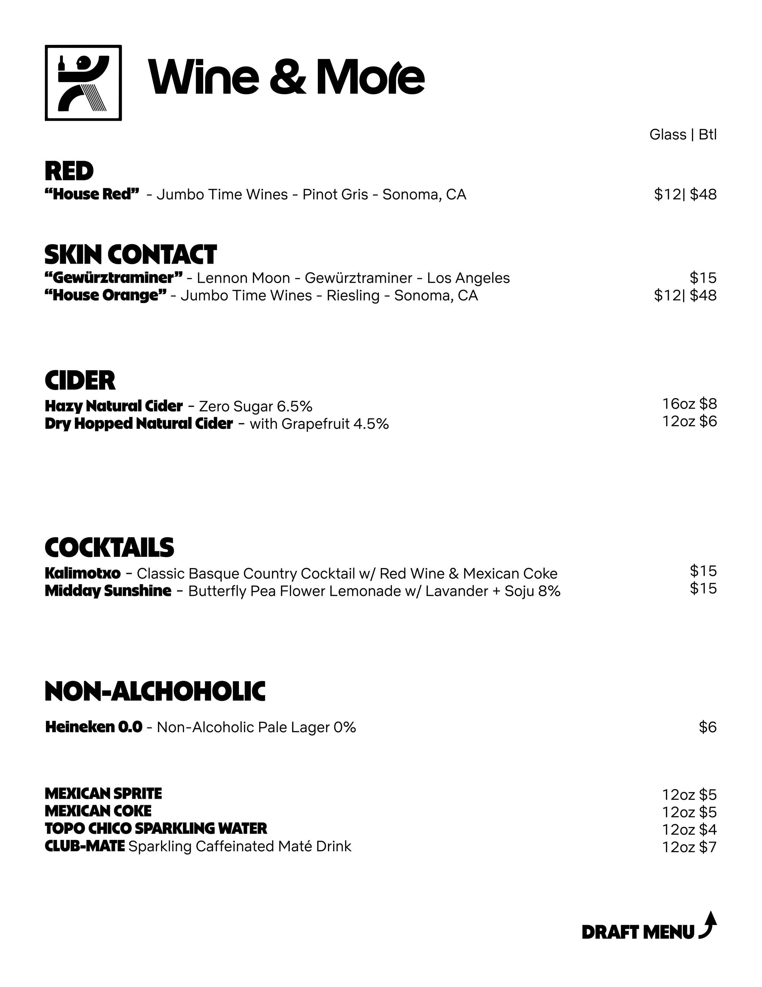 Natural Wines, On-Site Cellared Saison Bottles, Cocktails, & Snacks