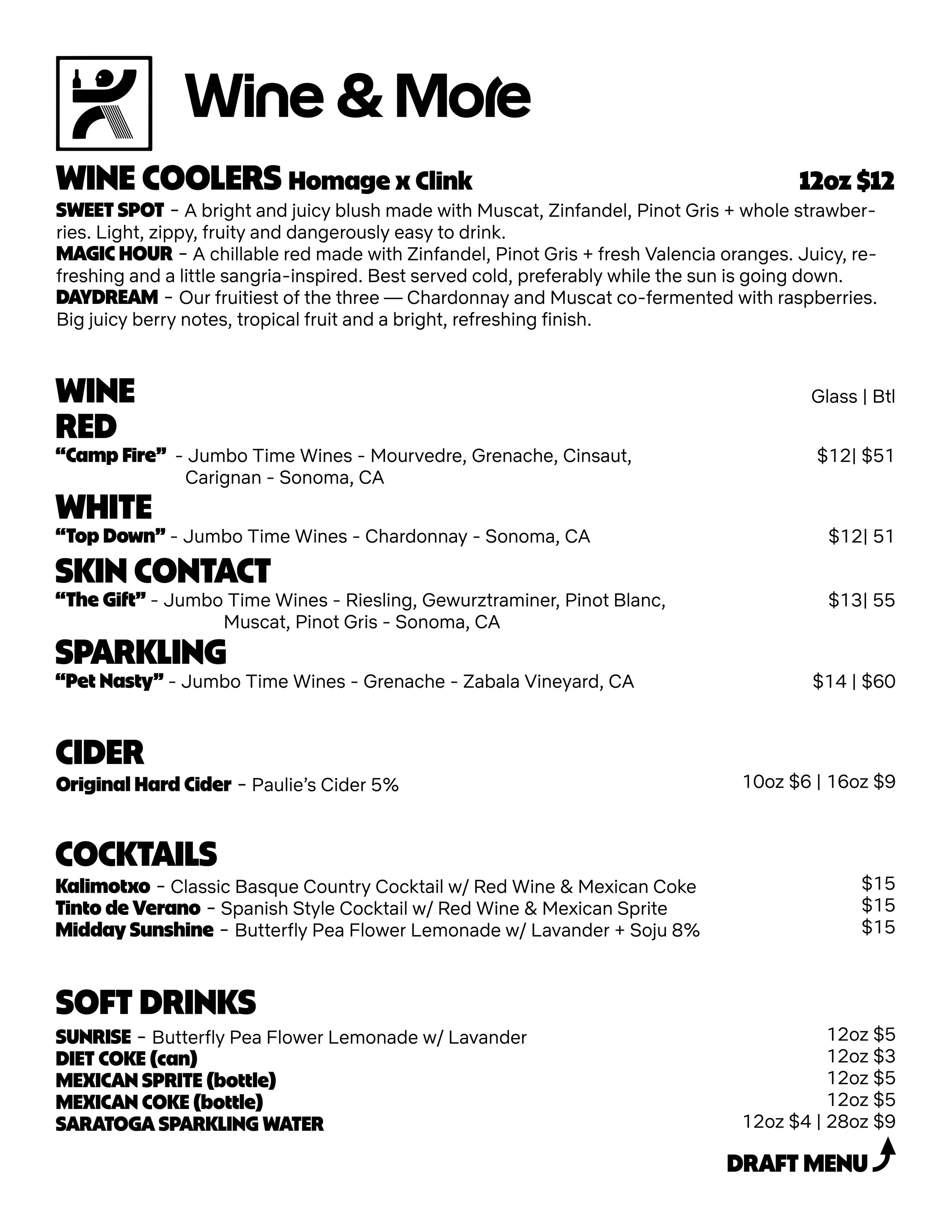 Food Menu with Scallop Crudo, Chopped Salad, Fish Tacos, Masa Battered Wings, Focaccia Sandwich(Vegan), Classic Cheeseburger, Double Smash Burger, French Fries, & Lunch Combo