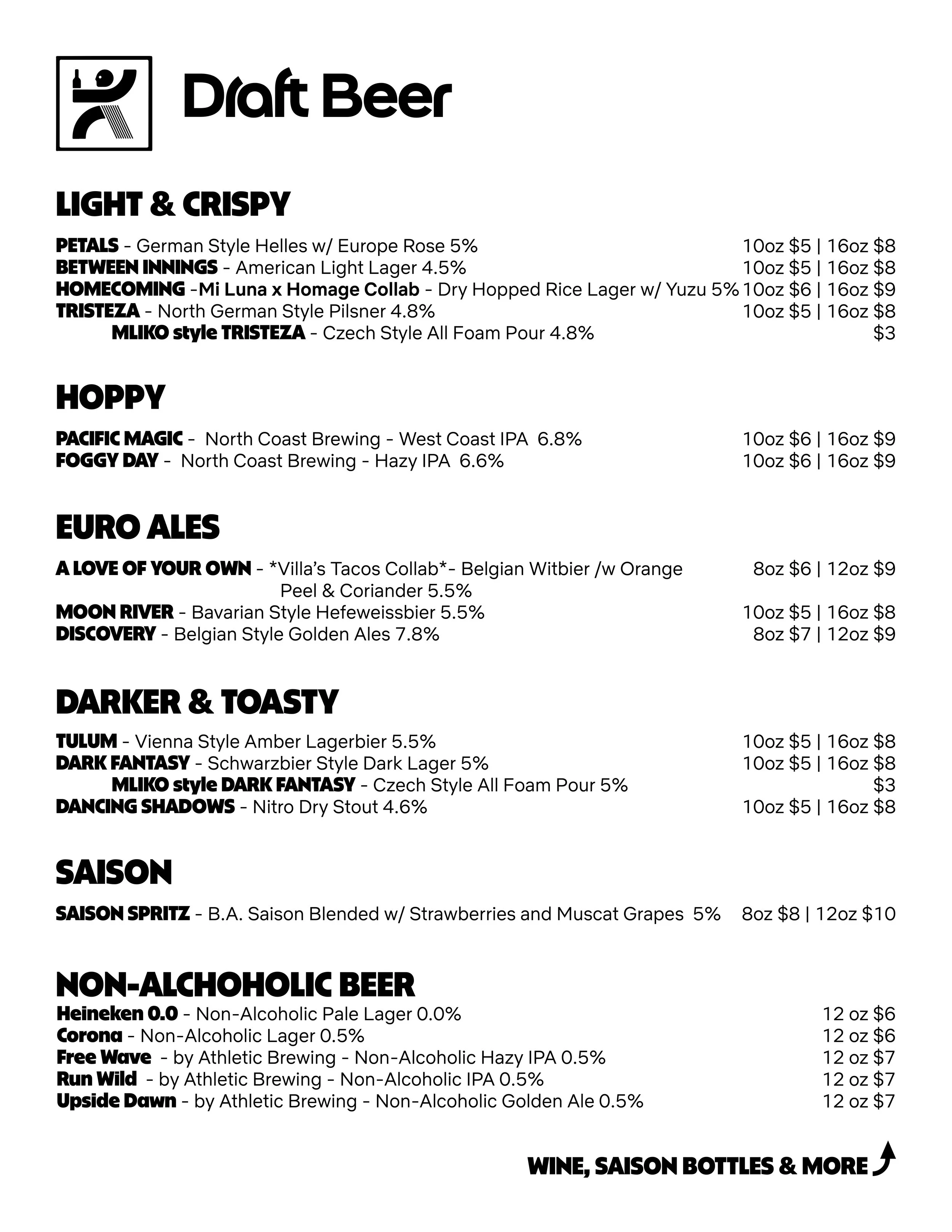 Current Draft List with Snappy, Crispy, & Malty Lagers, Hoppy & Malty Ales, West Coast & Hazy IPAs, &  Funky, Tart, Sour, & Wild Barrel Aged Saisons. Plus Non-alcoholic beverages.