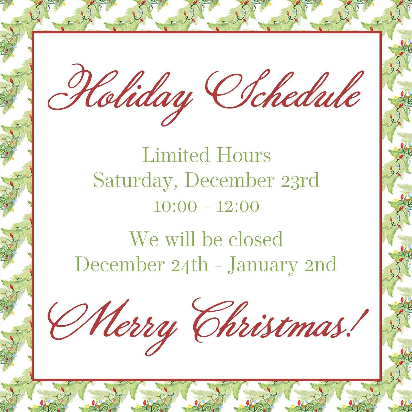 We&rsquo;ll be here tomorrow 10:00 until 12:00 for any last Christmas goodies you&rsquo;ll need, and then we&rsquo;ll be closed through January 2nd to catch up and prepare for the New Year! Merry Christmas! 🎁🎄❤️💌