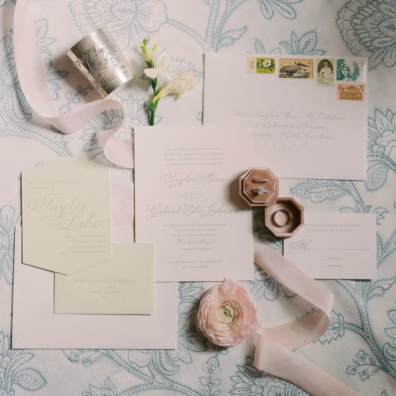 One of my favorite projects of the year, for some of my favorite people. Custom spot calligraphy, letterpress, silk ribbon, and die cuts for a truly luxurious suite.