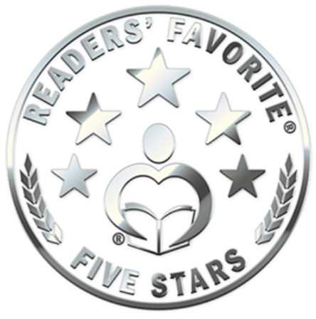 Silver coin with five stars at the top, wheat stalks on both sides, and an open book or heart symbol in the center. Encircled text reads 'Readers' Favorite Five Stars.'