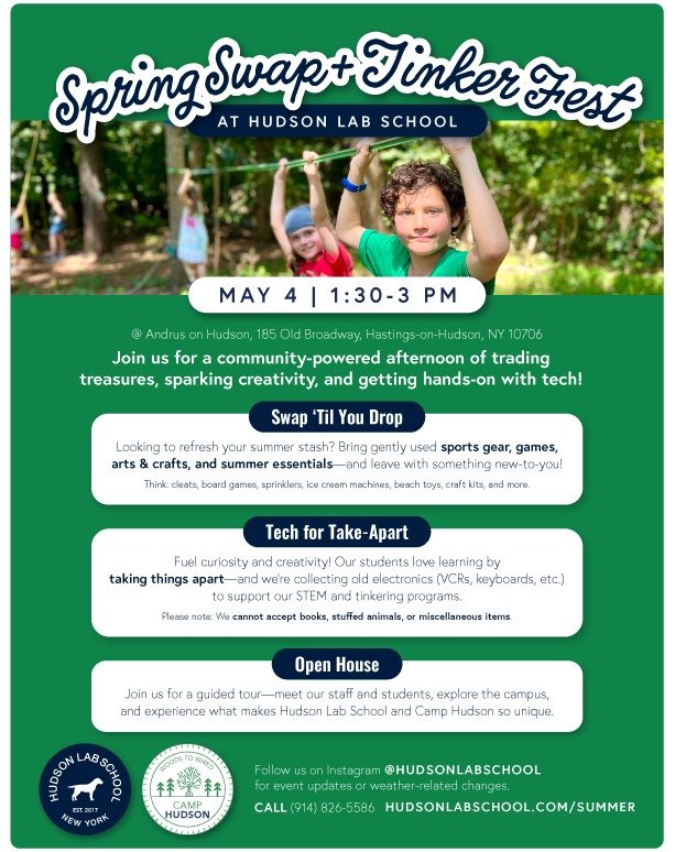 Looking for a fun Sunday afternoon with your kids?
Join us at Hudson Lab School for our Spring Swap + Tinker Fest on May 4, from 1:30 to 3 PM!
Families are invited to trade treasures, spark creativity, and dive into hands-on tech activities. Bring