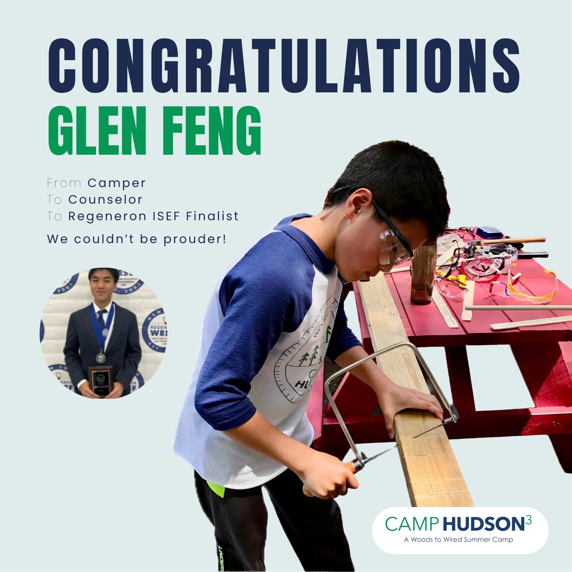 From @camphudson3 camper
to camp counselor
to @regeneron  ISEF Finalist.

Congratulations Glen Feng! We are incredibly proud of his phenomenal achievement. It has been a privilege to watch him grow as a builder, a thinker, and a leader.

Read more in