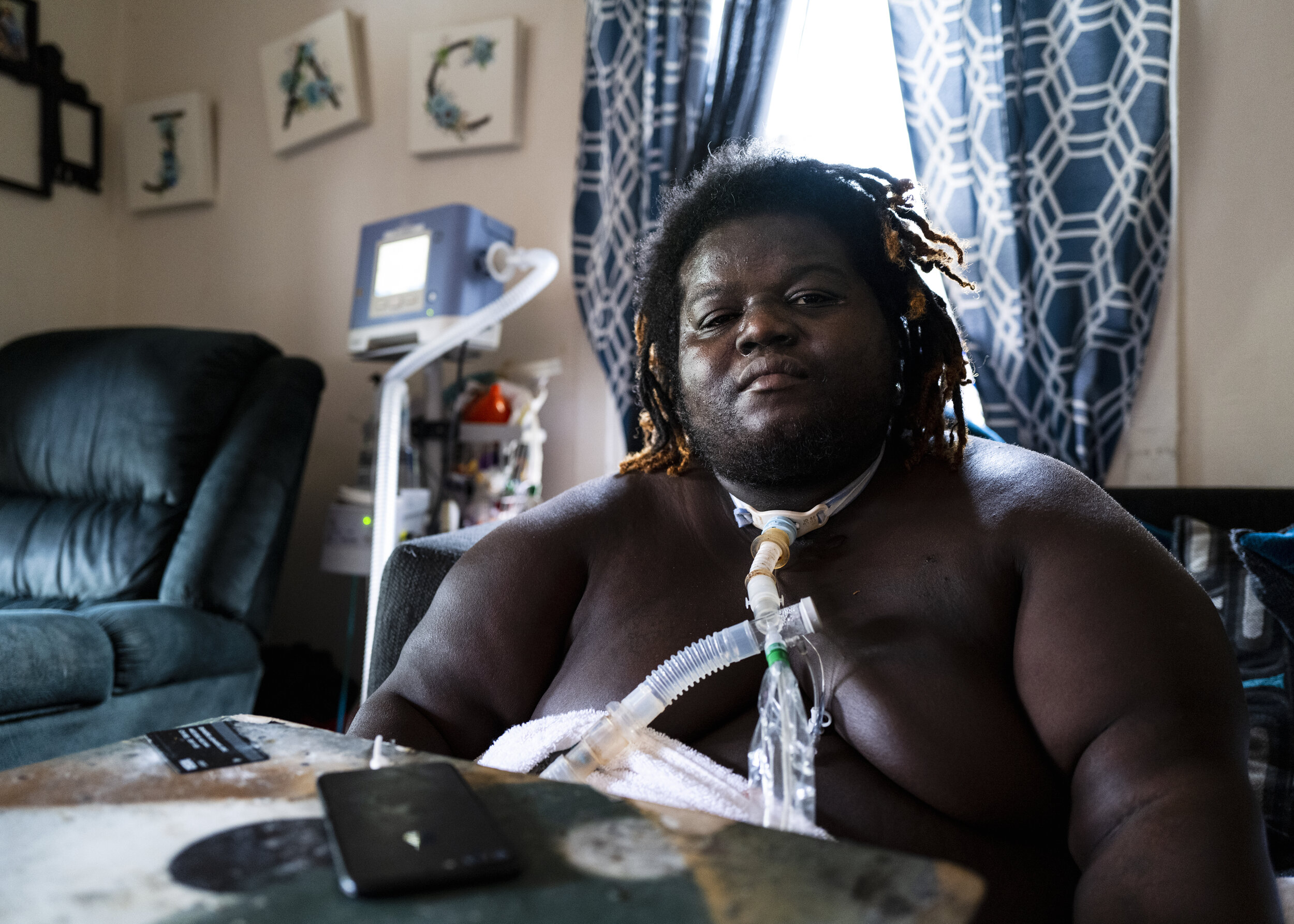  Portrait of Deandre Jones at his home in the Northside of Kalamazoo on July 28, 2021. Deandre contracted asthma due to the environmental hazards believed to be a result of the pollution from Graphic Packaging International, a factory nestled in the 