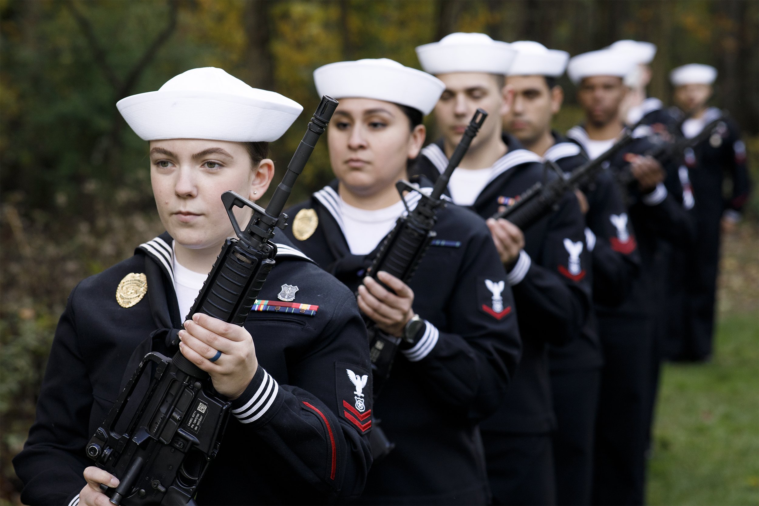  Members of the honor guard port arms at the funeral of Seaman 1st Class Wesley Ernest Graham at Fort Custer National Cemetery on Wednesday, October 27, 2021. Graham’s remains were finally returned to the United States to be put to rest 80 years late