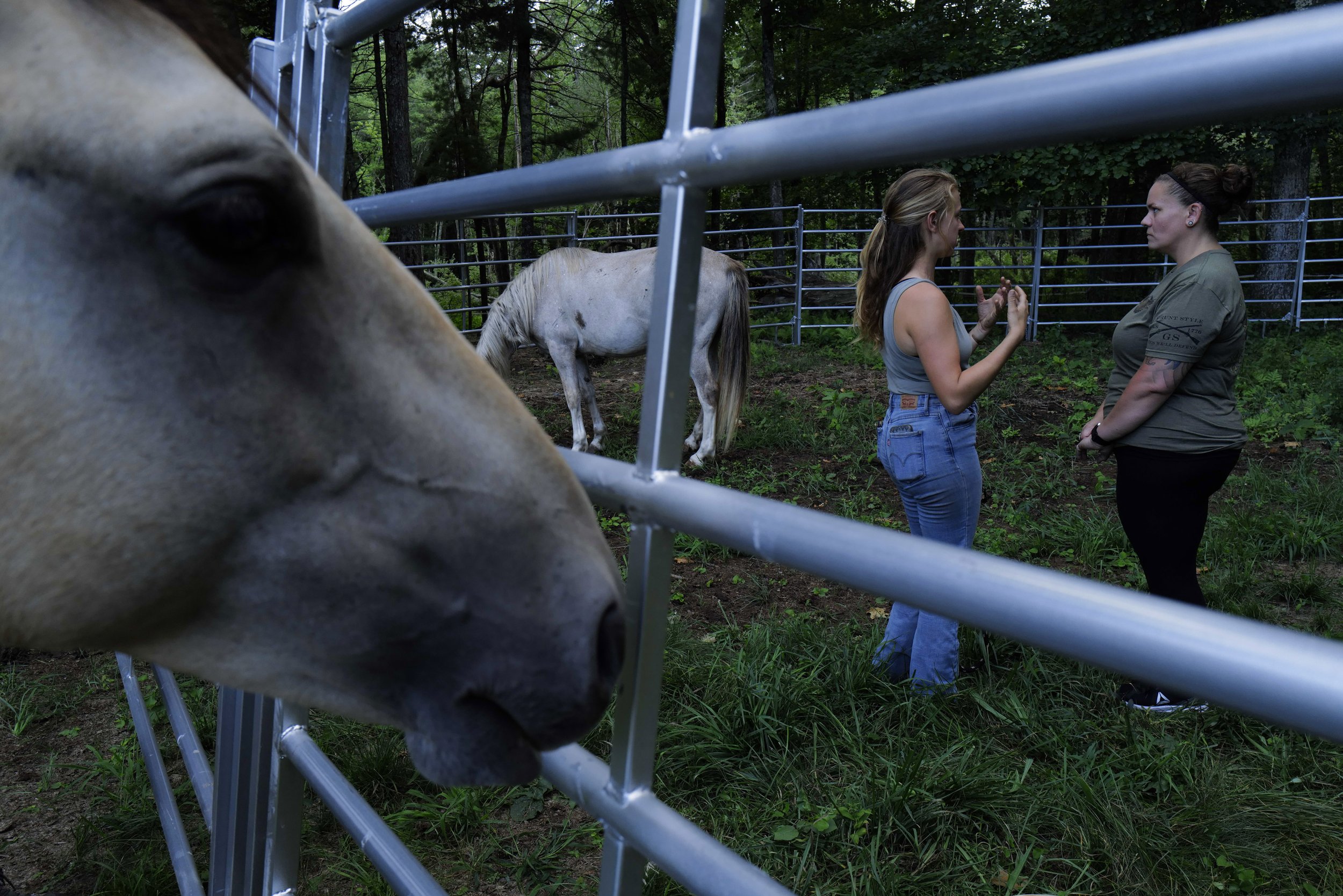  Lindsay Andon, the Founder and Executive Director of Project ComeBack, and Lauren DePina go over techniques for working in the round pen at Project ComeBack in Holliston, Mass. on August 10, 2022. The round pen allows the horses to work on healing w