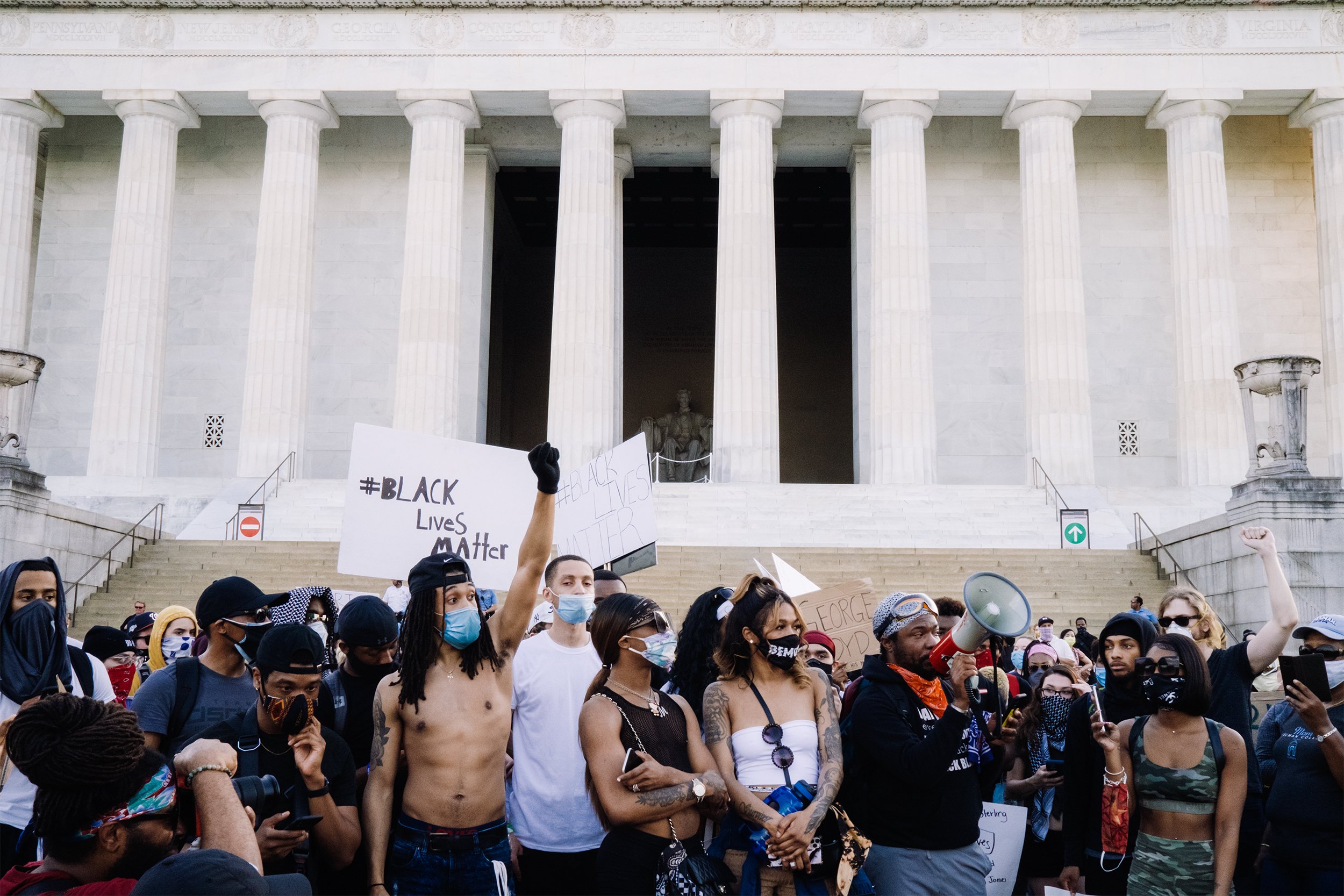 Demonstrators congregate at the Lincoln Memorial after marching from the National Museum of African American History and Culture in protest during the aftermath of George Floyd Jr.’s death, in Washington D.C. on May 30, 2020. Floyd’s death five days