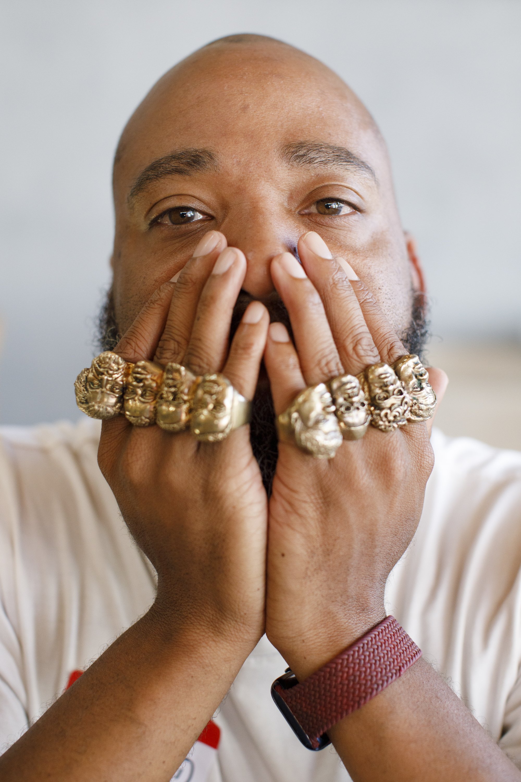  Kevito Clark, who took a 3-month vow of silence from June 2024 - Sept. 2024, sits at ORA in Leimert Park in Los Angeles, Calif. on Monday, Aug. 19, 2024. His vow was inspired by his six-year wait for a kidney transplant and the back-to-back losses o