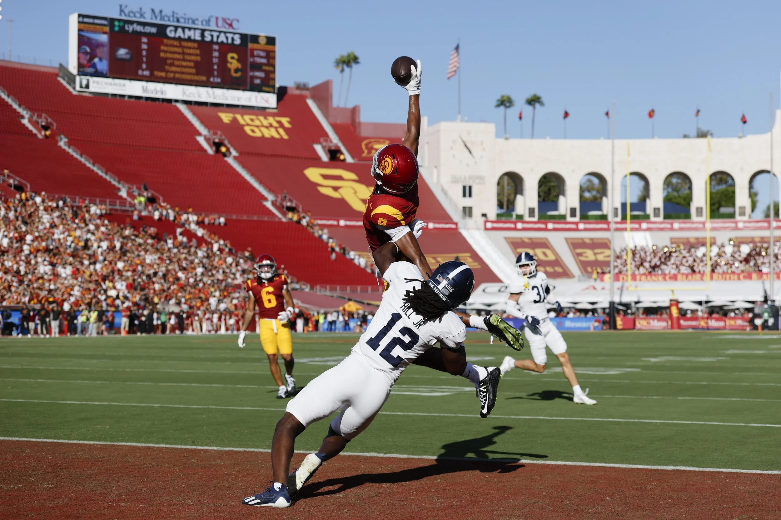 USC Trojans wide receiver Ja'Kobi Lane (8) scores a touchdown in the first quarter the game between Georgia Southern and USC at the LA Memorial Coliseum on Saturday, Sept. 6, 2025 in Los Angeles, Calif. 