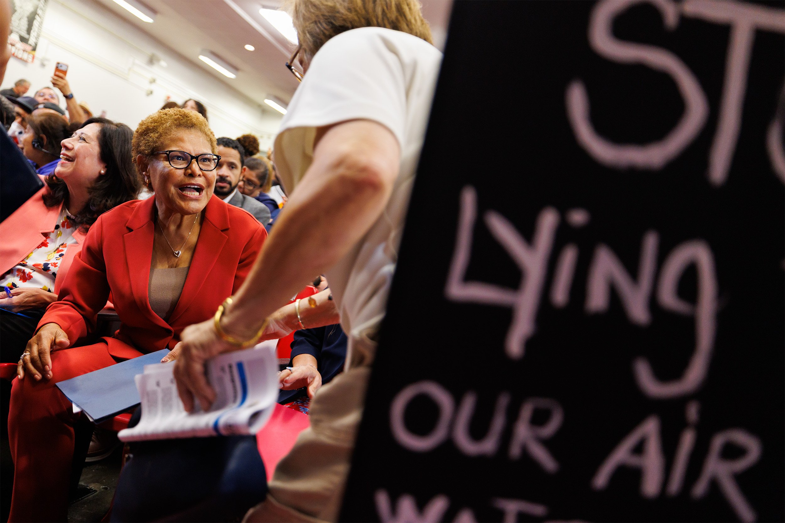  Los Angeles Mayor Karen Bass attends the Boyle Heights/East LA Town Hall addressing community questions about public safety after a fire engulfed a Lineage Logistics cold-storage warehouse on June 17th, at Stevenson Middle School on Thursday, July 9