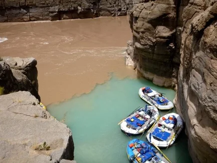 “Our rafts tied up at the entrance of Havasu Falls” photo courtesy of Sarah Alexander.
