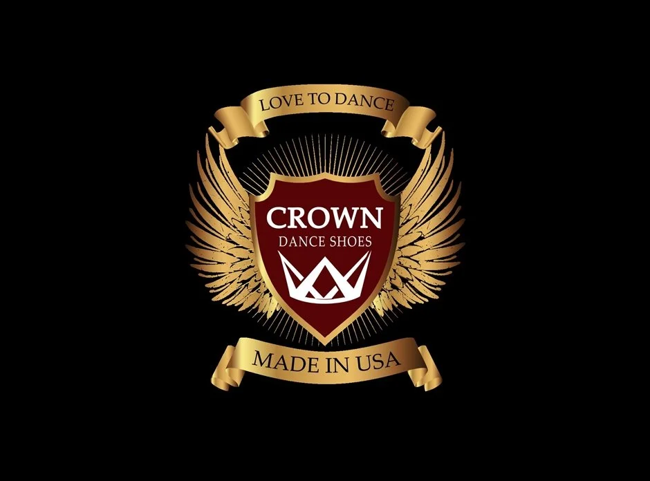 Logo for Crown Dance Shoes, featuring a shield with a crown, golden wings, and banners stating 'Love to Dance' and 'Made in USA'.