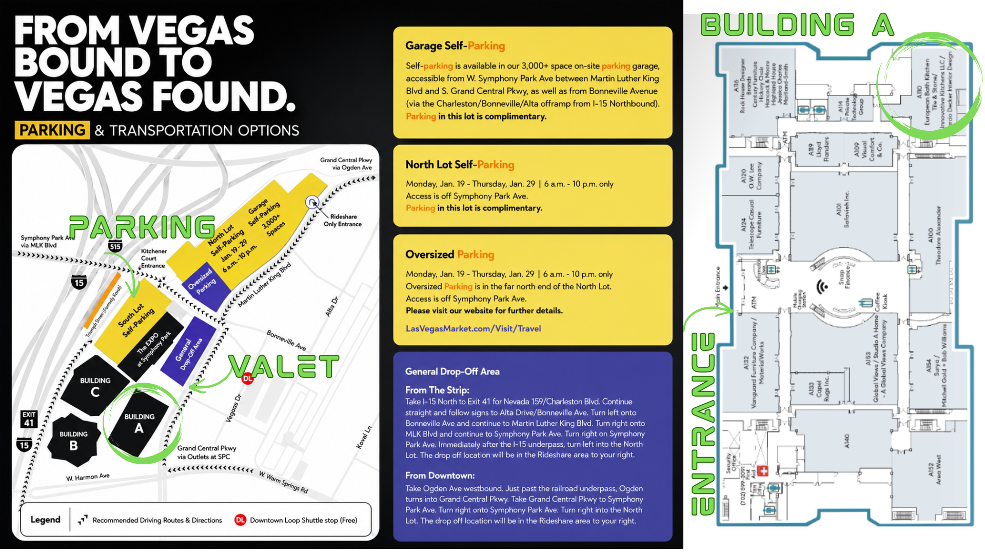 Parking and access map for Las Vegas Design Center showing garage self parking, north and south parking lots, valet, Building A entrance, and the European Bath | Kitchen | Tile & Stone showroom location highlighted on the Building A floor plan.