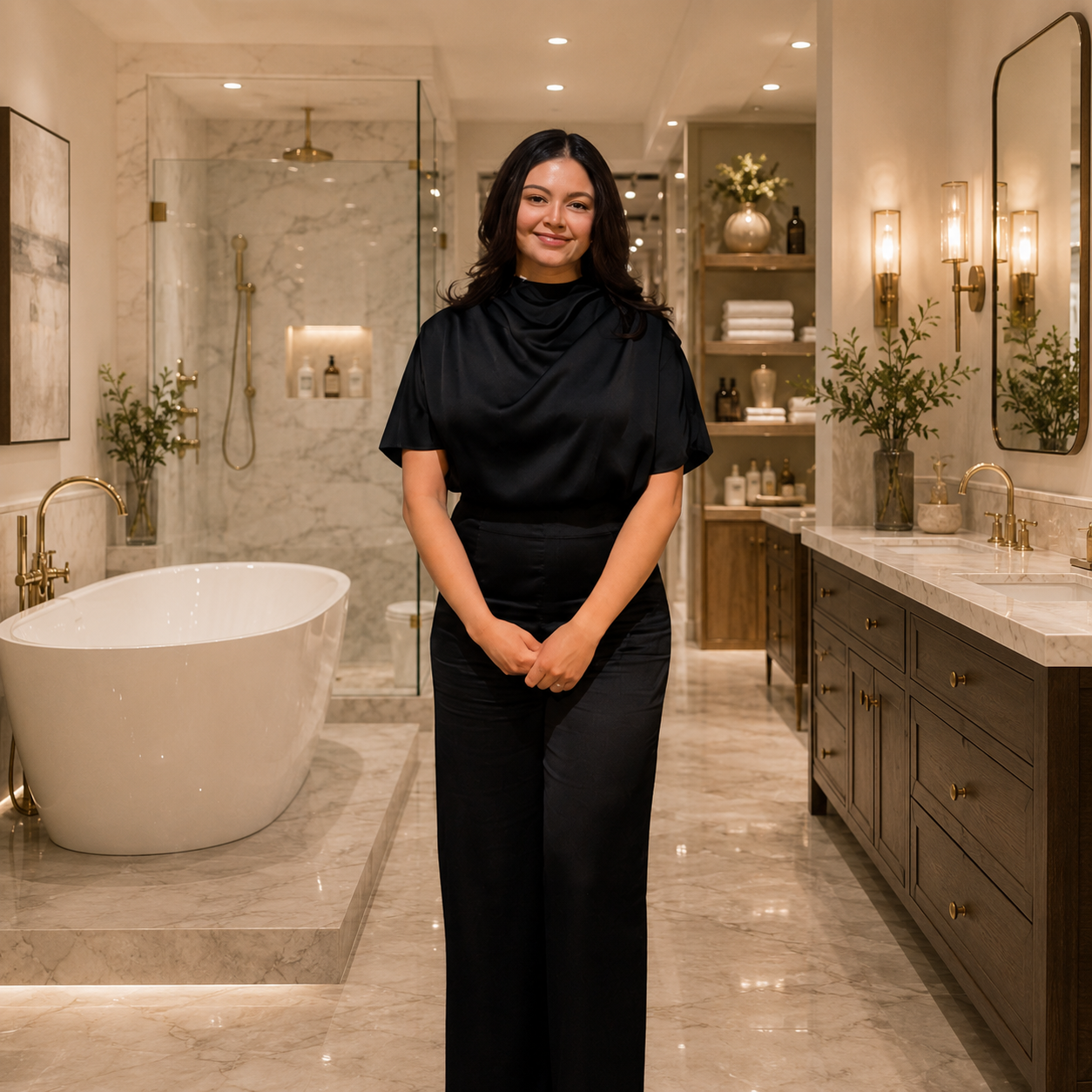 Smiling woman dressed in black standing in a luxury bathroom showroom with a freestanding tub, marble shower, dark wood vanity, gold fixtures, and warm lighting.