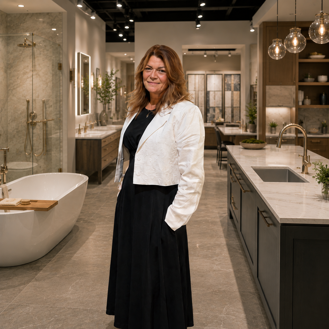 Smiling woman in a white blazer and black dress standing in a luxury bath and kitchen showroom with a freestanding tub, marble counters, modern cabinetry, and elegant lighting.