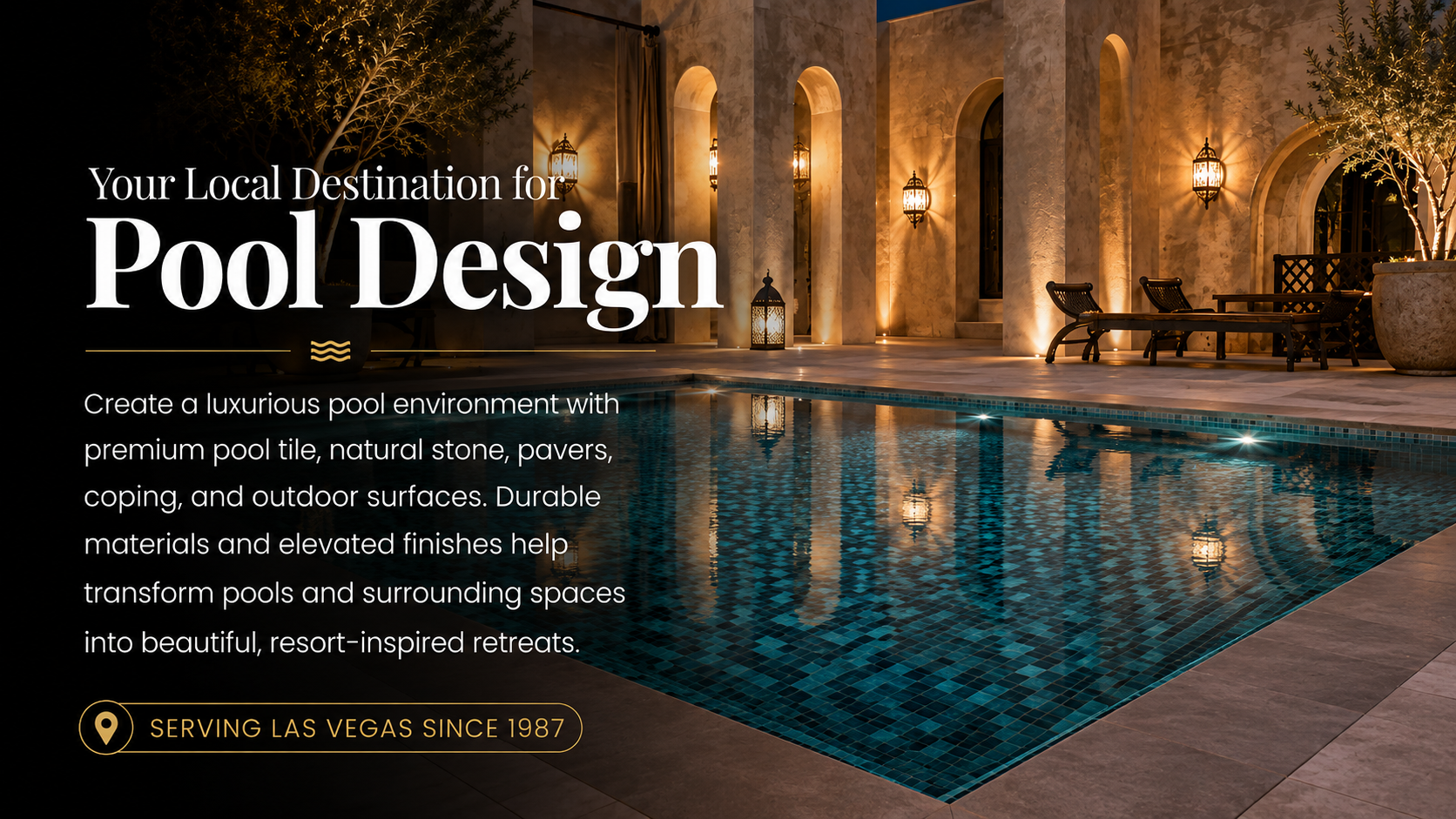 Luxury Las Vegas pool design with blue mosaic tile, natural stone coping, pavers and Mediterranean-inspired architecture.