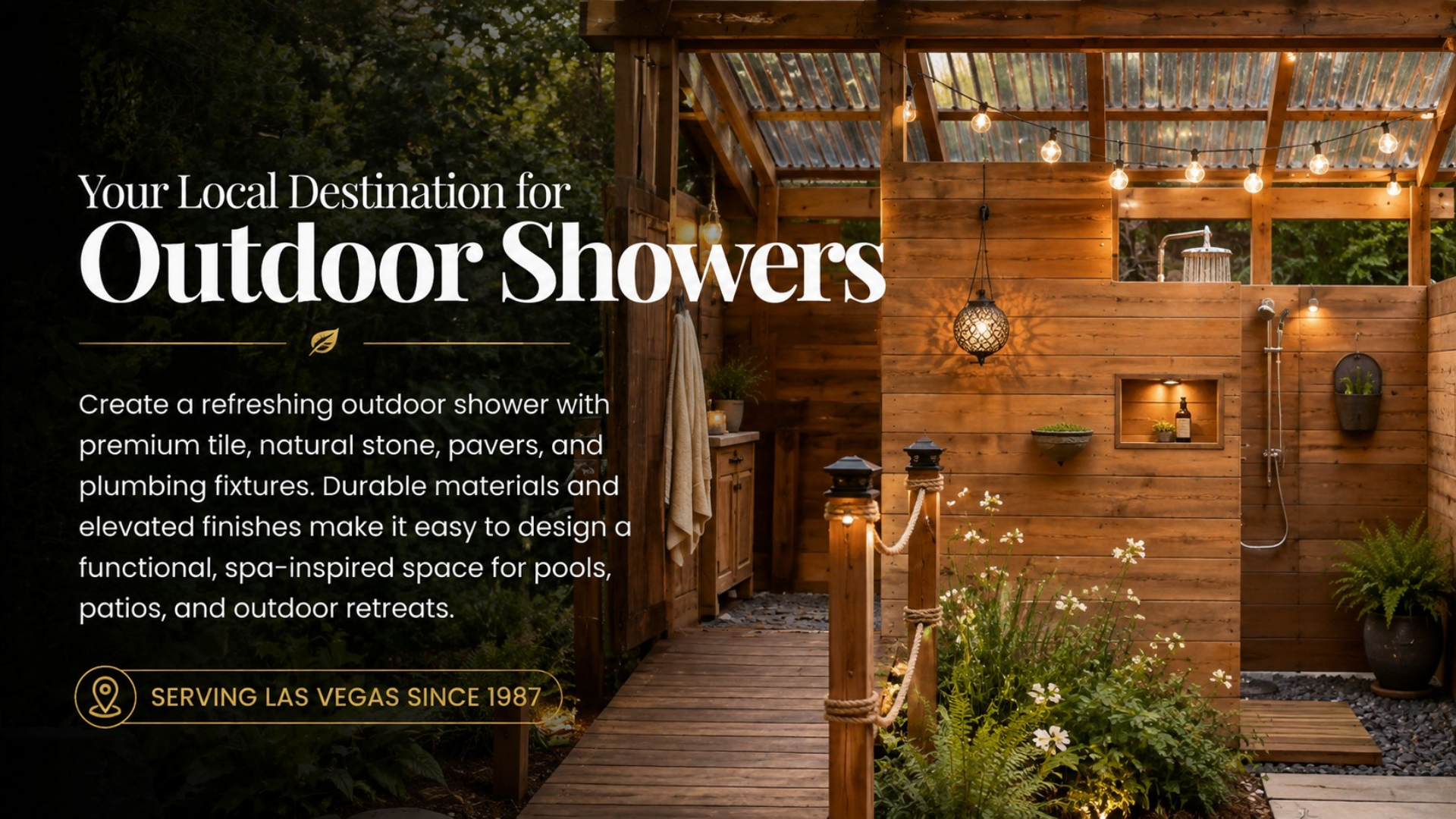 Luxury outdoor shower with running water, wood walls, premium plumbing fixtures, natural stone and lush landscaping.