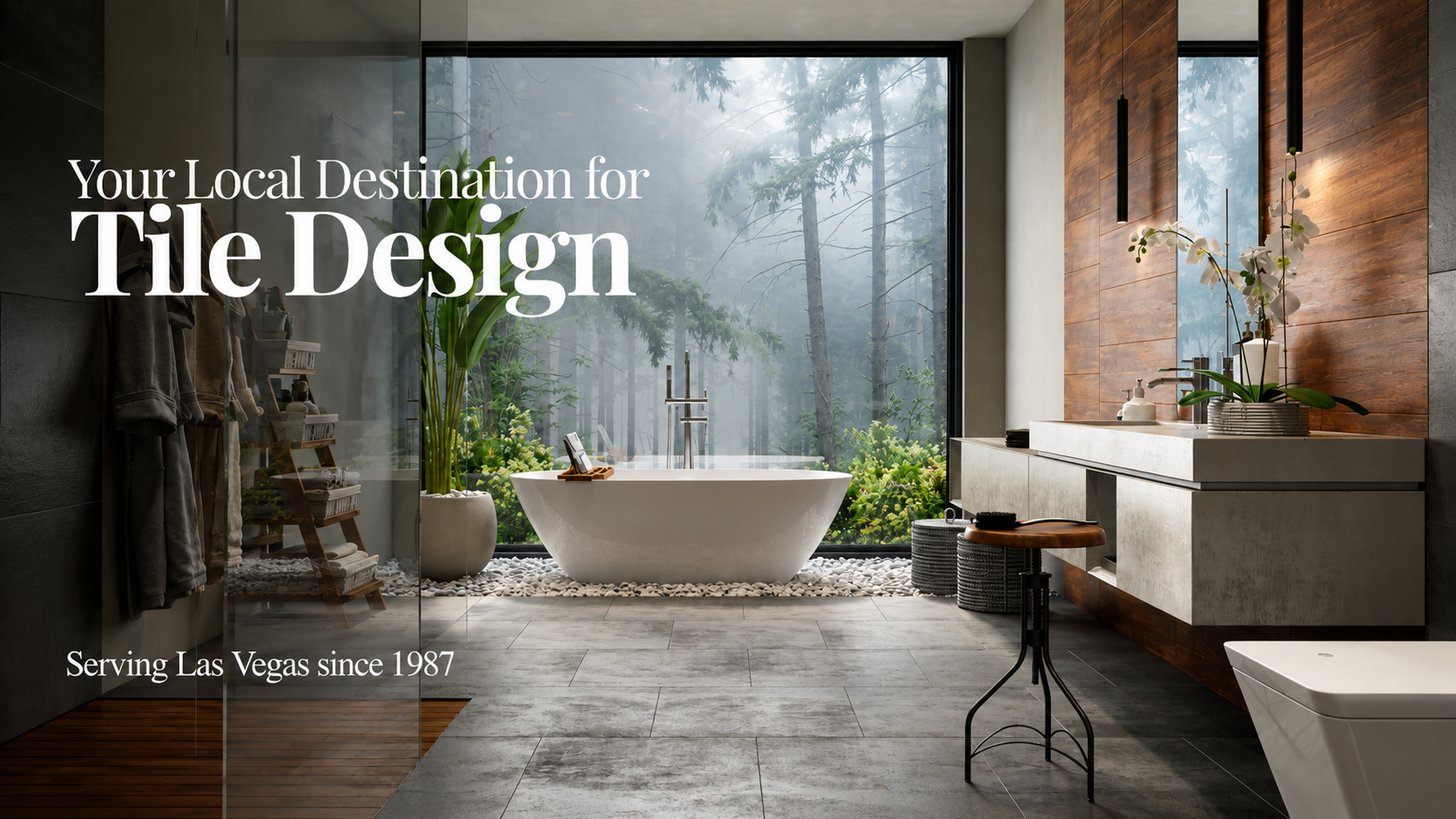 Luxury modern bathroom with a freestanding tub, large forest-view window, wood accent wall, floating vanity, and gray tile flooring, promoting European Bath | Kitchen | Tile & Stone as a Las Vegas destination for tile design.
