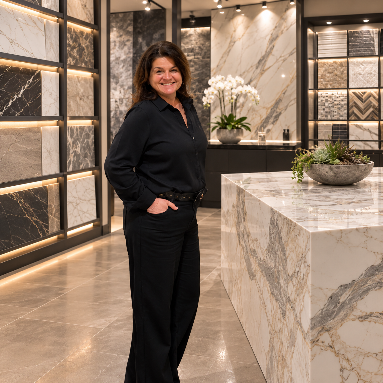 Smiling woman dressed in black standing in a luxury tile and stone showroom with illuminated marble displays, decorative tile samples, and a large stone island.