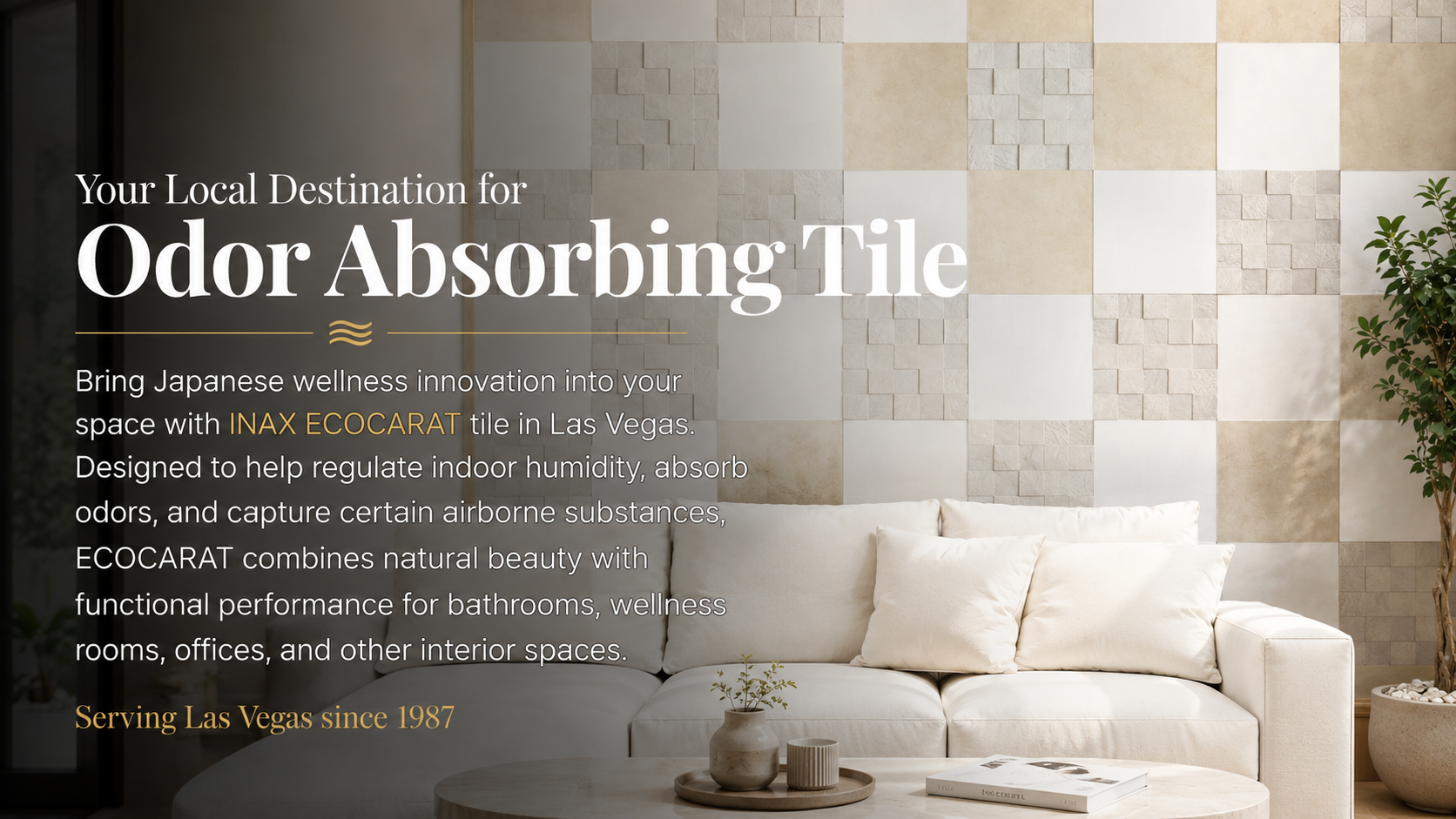 INAX ECOCARAT odor-absorbing tile in a modern wellness interior with textured wall panels designed to help regulate humidity and improve indoor air quality.