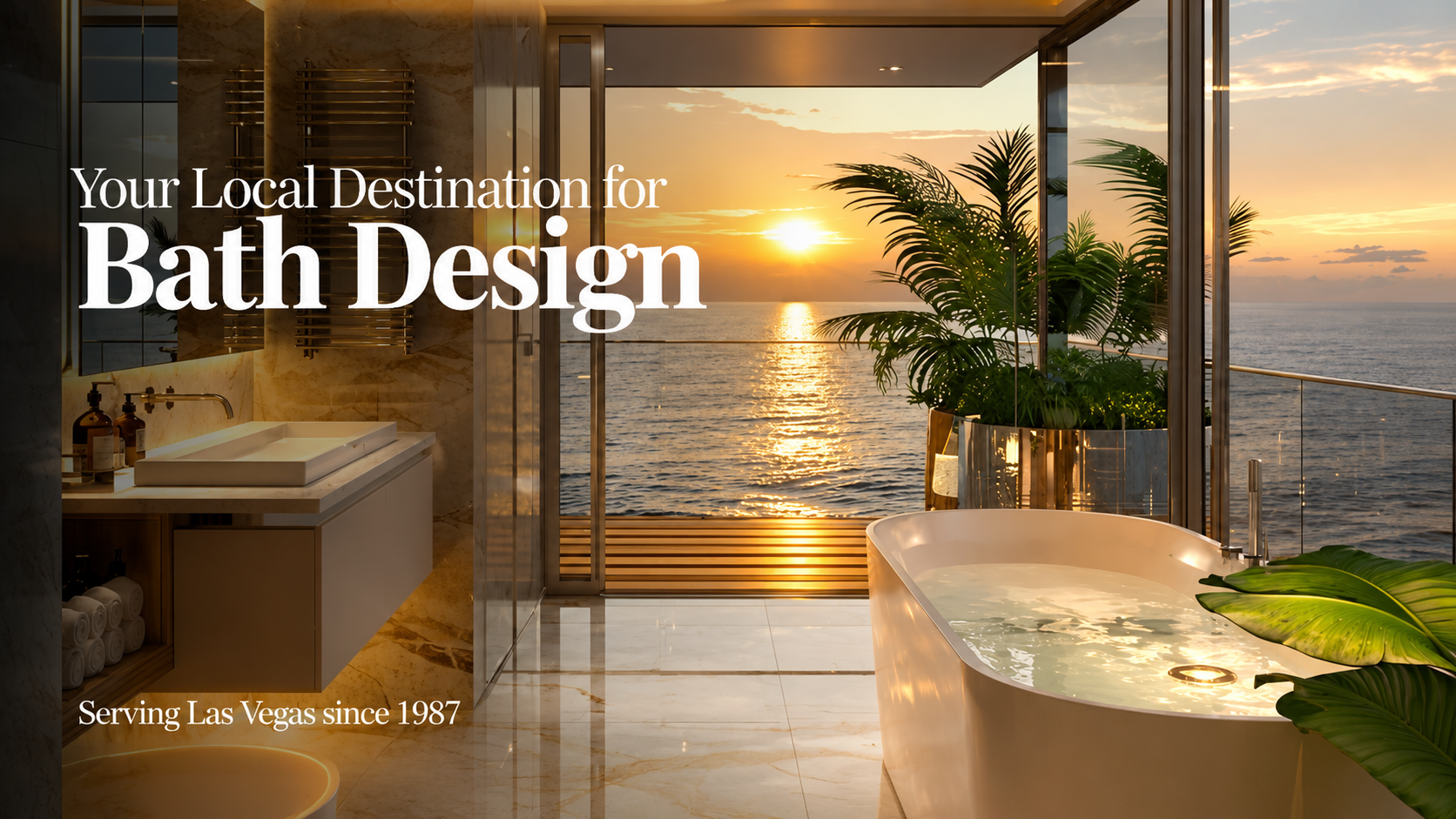 Luxury modern kitchen featuring a marble island, elegant pendant lighting, illuminated cabinetry, and upscale seating, with text promoting European Bath | Kitchen | Tile & Stone as a Las Vegas destination for kitchen design.