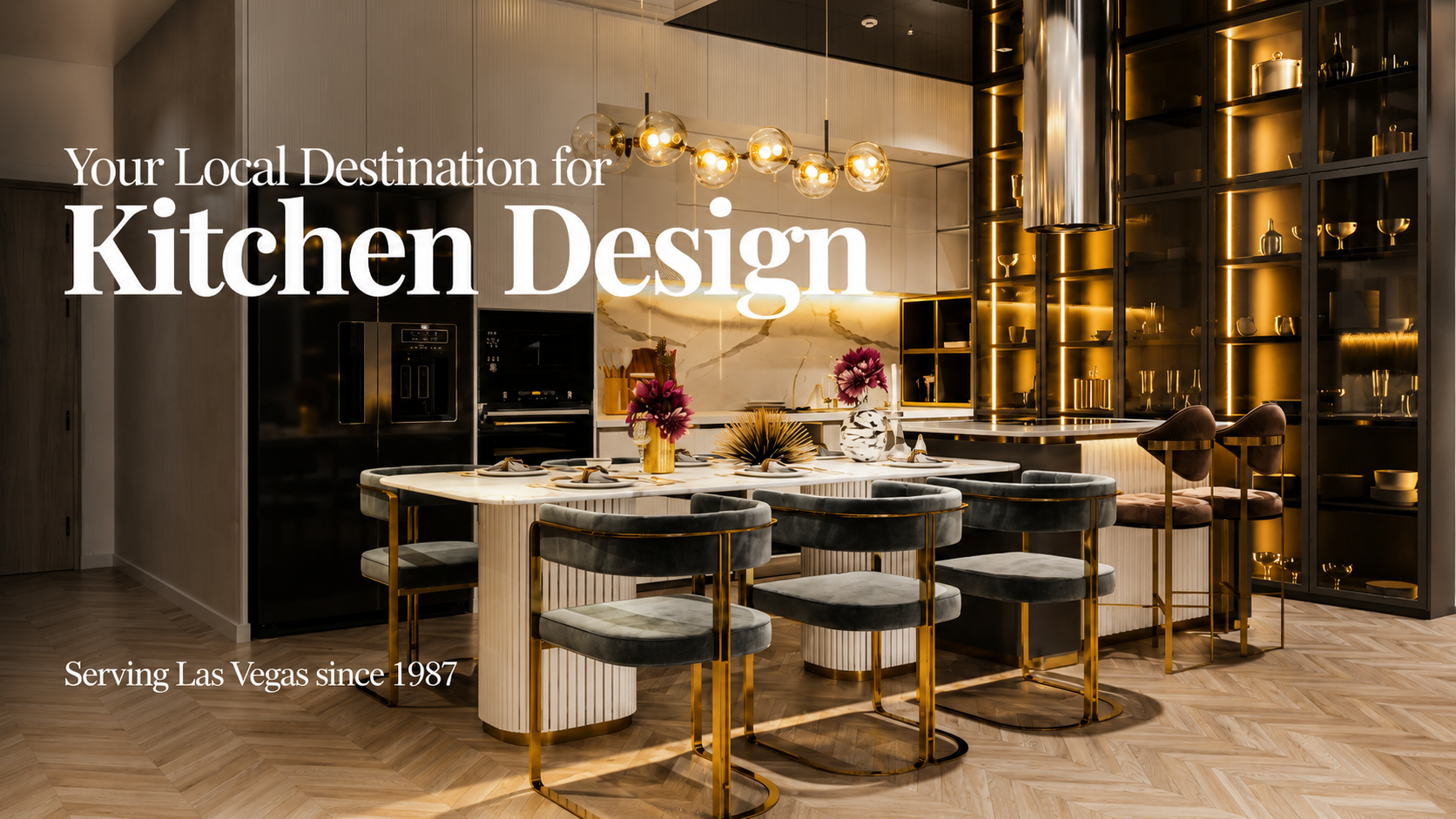Luxury modern kitchen featuring a marble island, elegant pendant lighting, illuminated cabinetry, and upscale seating, with text promoting European Bath | Kitchen | Tile & Stone as a Las Vegas destination for kitchen design.