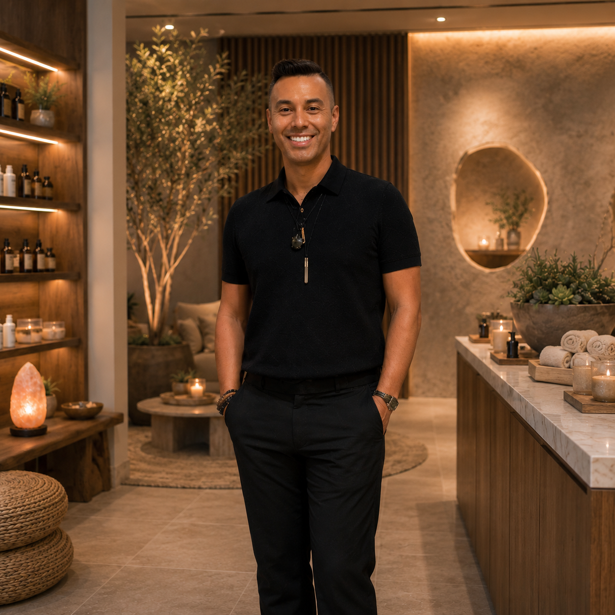 Smiling man in an all black outfit standing in a warmly lit luxury wellness showroom with wood shelving, greenery, candles, stone surfaces, and spa inspired décor.