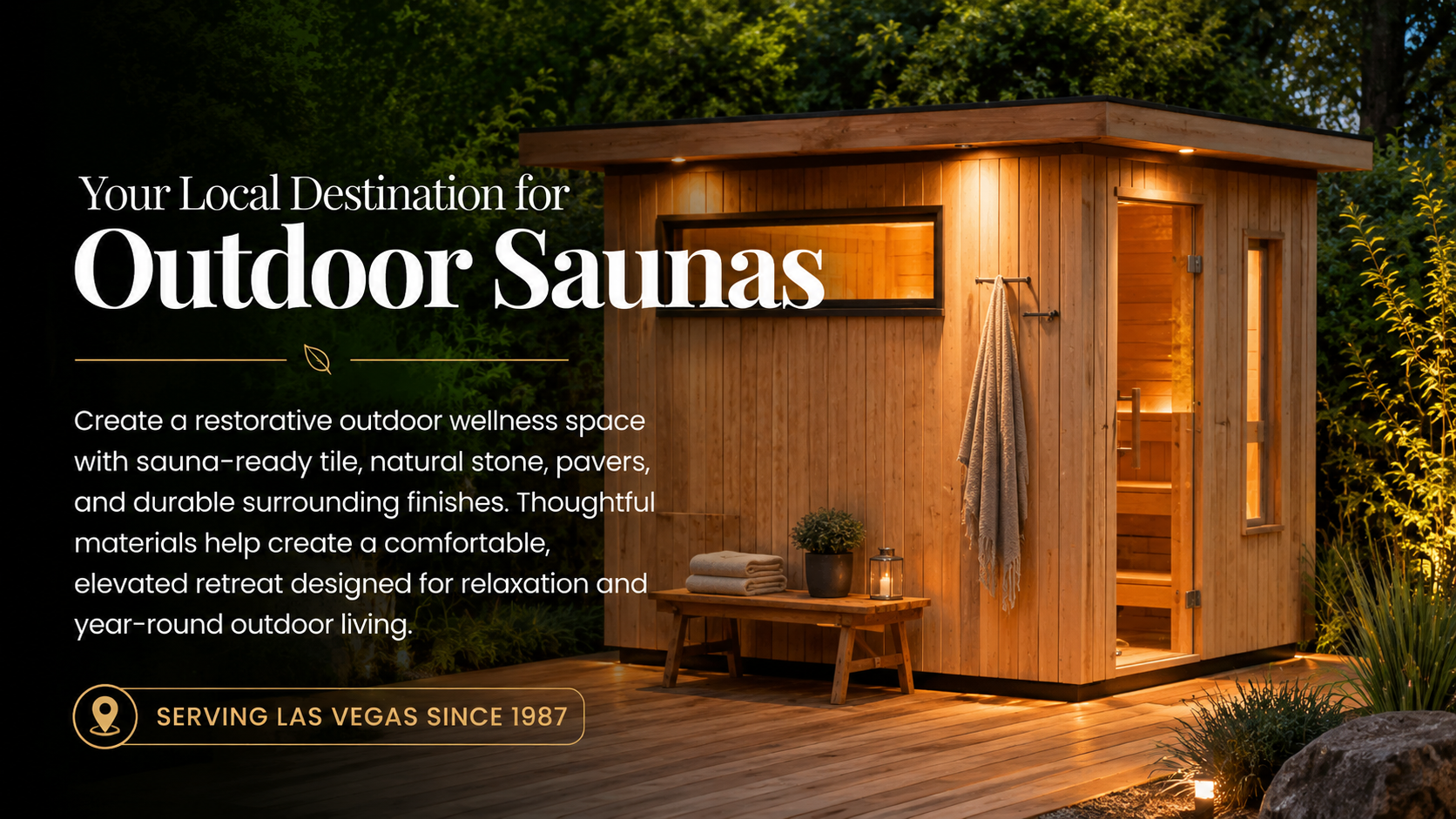 Modern outdoor wood sauna surrounded by lush landscaping, natural materials and a private backyard wellness setting.