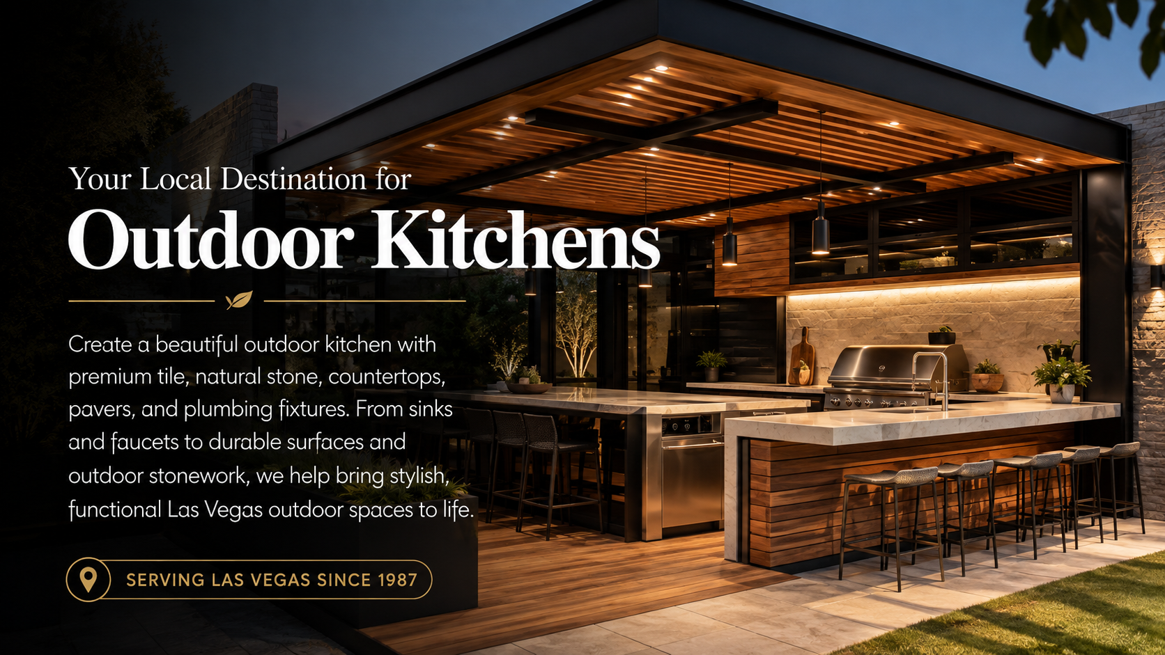 Luxury outdoor kitchen with stone countertops, tile, stainless appliances, plumbing fixtures and covered patio design.