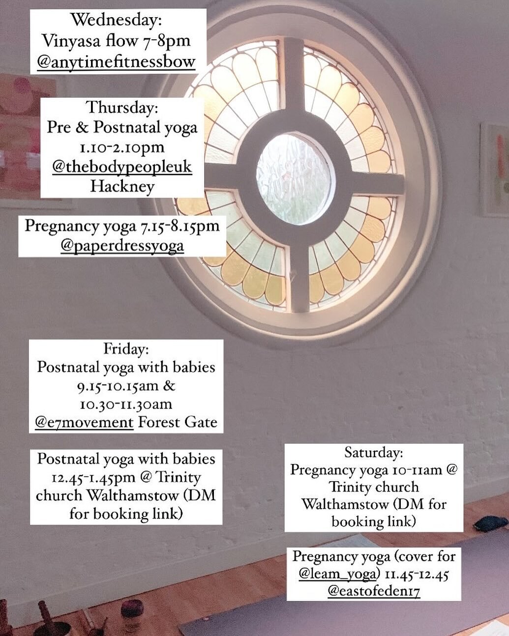 Yoga with me this week - see you soon x

4 babies born from our pregnancy yoga community last week - I can hardly believe it. I&rsquo;m all arms for holding babes at postnatal yoga 😍

Dm me for Trinity church E17 booking links or with any questions.