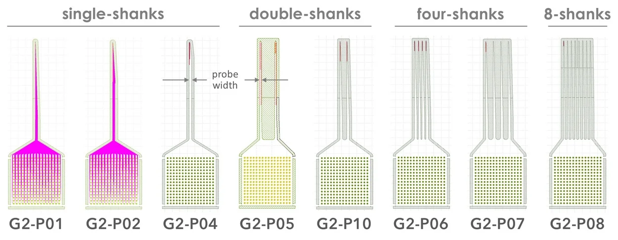 Figure 1. Gen-2 Neural Nanoprobe Designs. Nanoprobes P01, P02, P04, P06, P07, P08, and P10 enable highly-multiplexed Ephys measurements. Nanoprobe P05 facilitates concurrent Echem and Ephys measurements. Specification for each of these probes is summarized in Table 1, below.