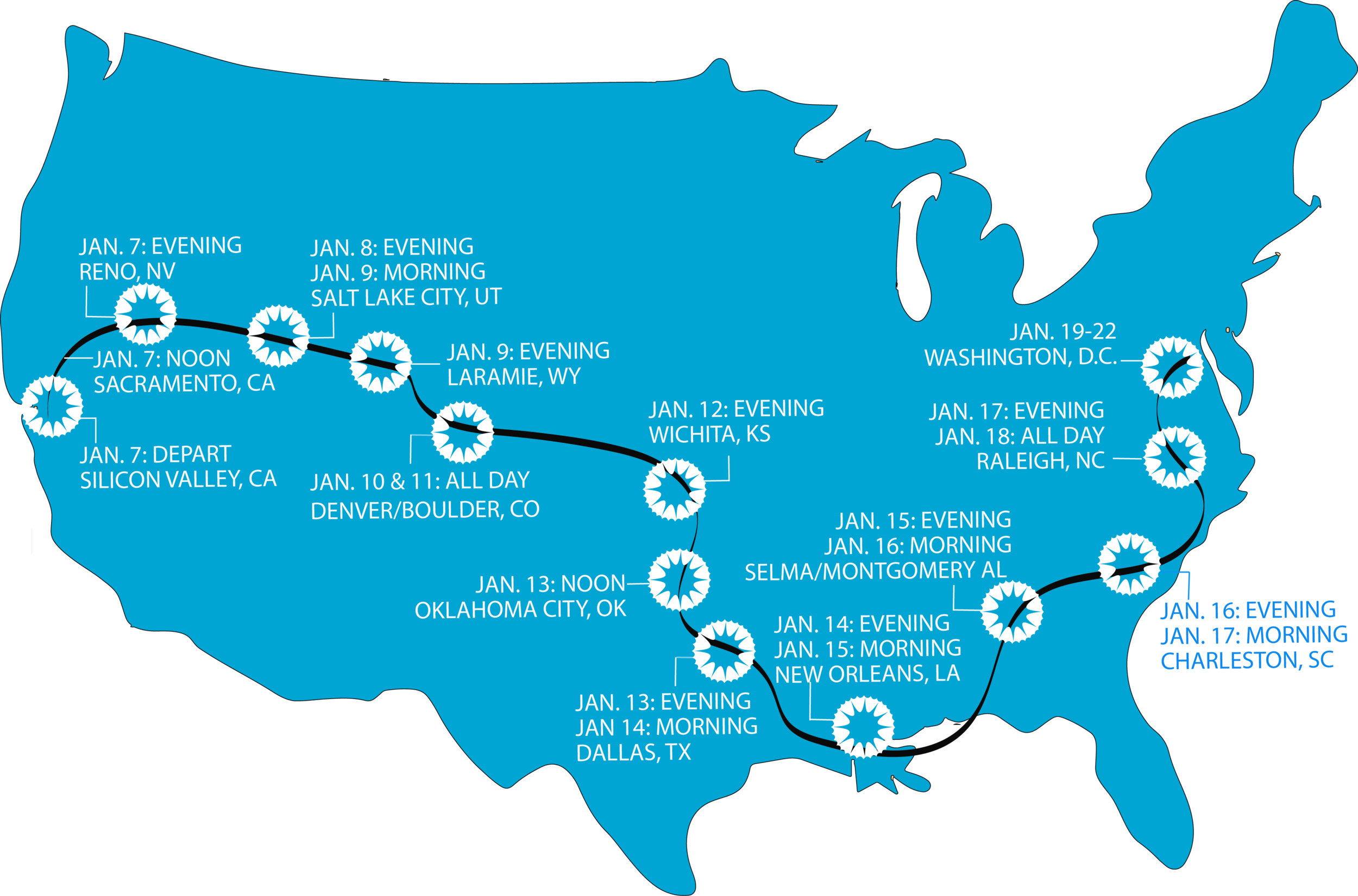 Our original route from California to Washington, D.C.