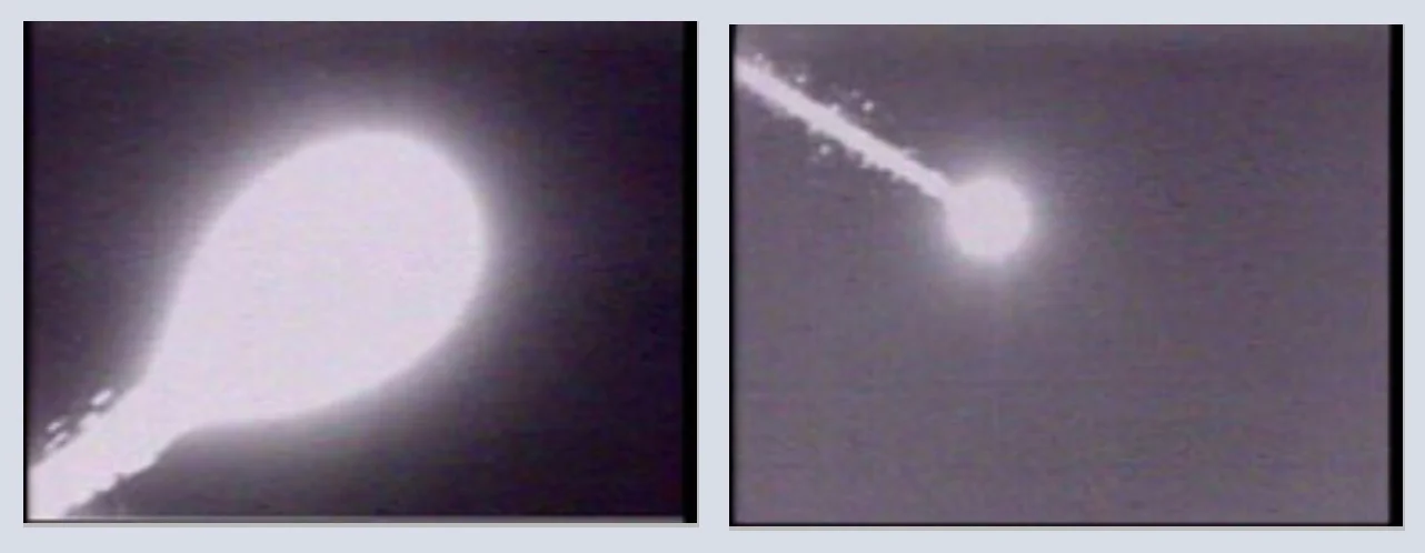 Figura 3. Izquierda: una cámara SWIR rastrea el vuelo de un misil; derecha: el descenso del misil todavía es visible para una cámara SWIR incluso a kilómetros de distancia. Fig. 3. Left: a missile is launched into the air, as a SWIR camera tracks its path; right: the descending missile is still visible to a SWIR camera even from many miles away