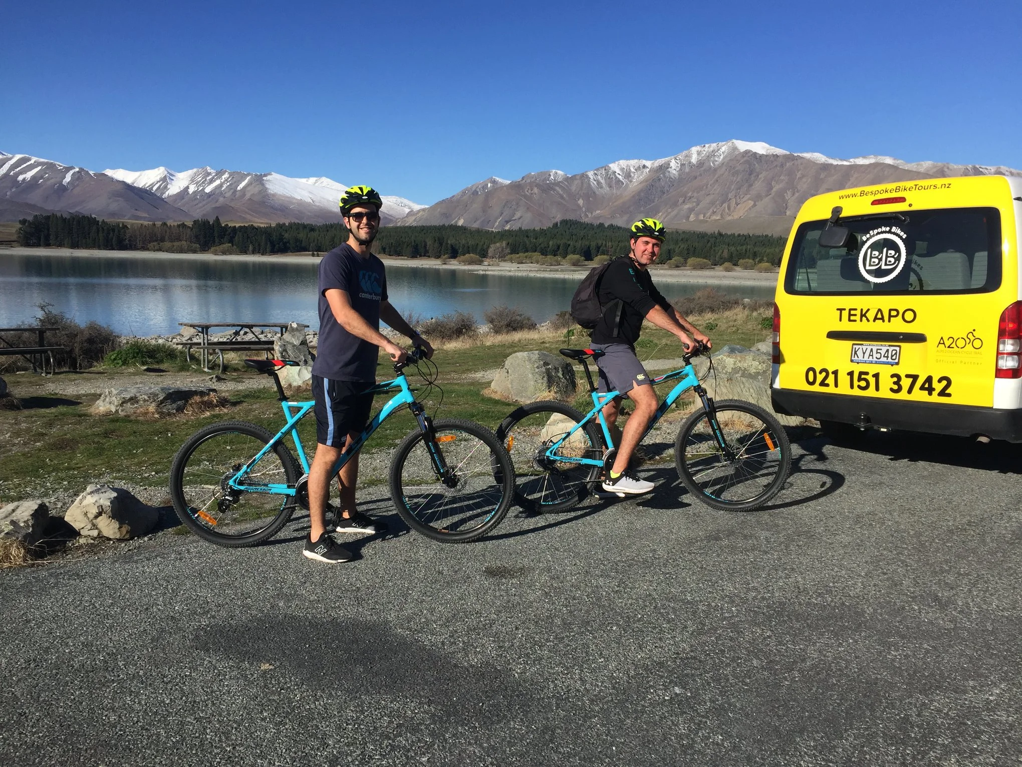 The first two hire bike customers enjoying a perfect spring day in Tekapo