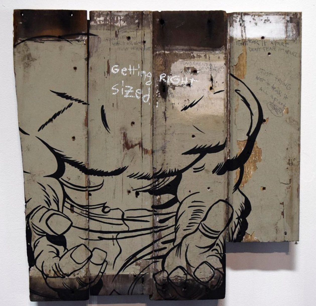John Felix Arnold III Don't Go Hulk" Acrylic Lacquer, Graphite, and Pastel on Found Wood Fencing Assemblage 30 x 30”