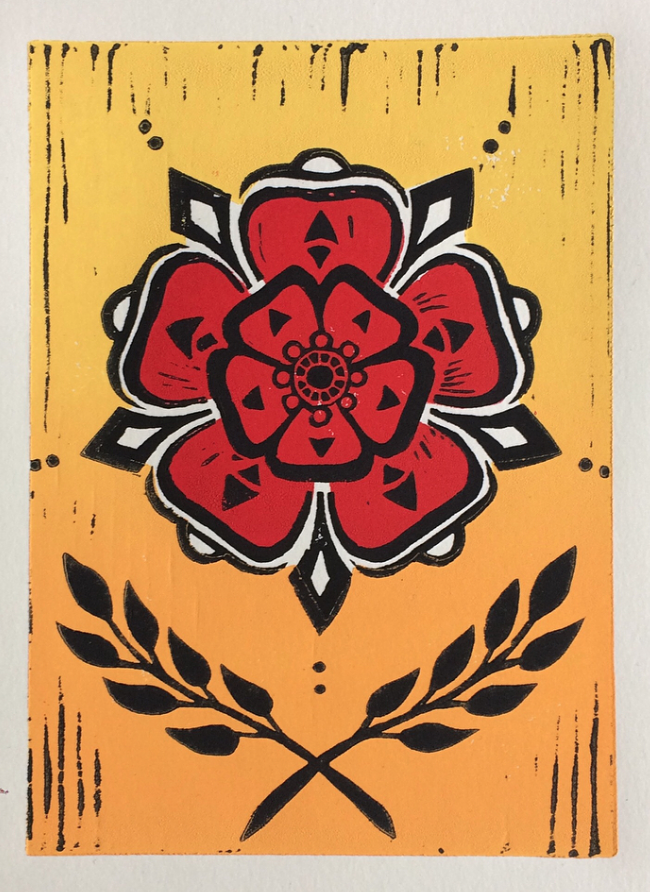 BR Knoerzer 5 Point Rose Linocut on stonehenge warm white paper, 4 x 6”