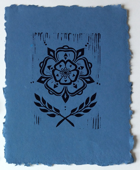 BR Knoerzer 5 Point Rose (Blue) Linocut on Jaipur handmade paper with deckled edge, 5 x 7”