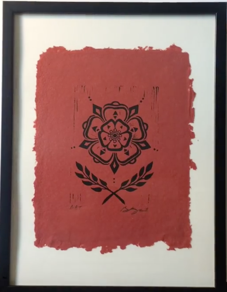 BR Knoerzer 5 Point Rose (Red) Linocut on Jaipur handmade paper with deckled edge, 5 x 7”