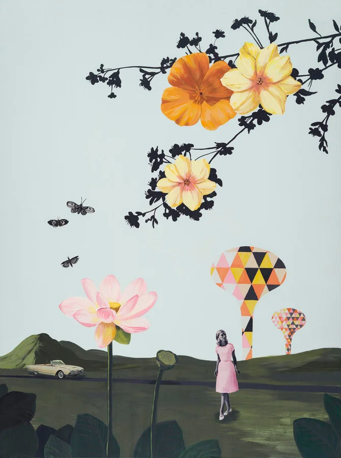 Lauren Matsumoto Big World Acrylic and collage on cradled wood panel, 48 x 36”