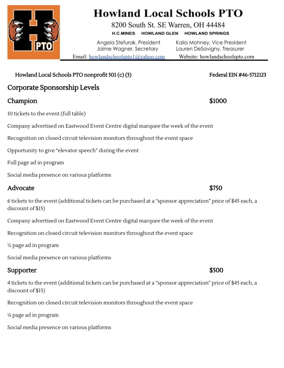 Sponsorship — Howland PTO