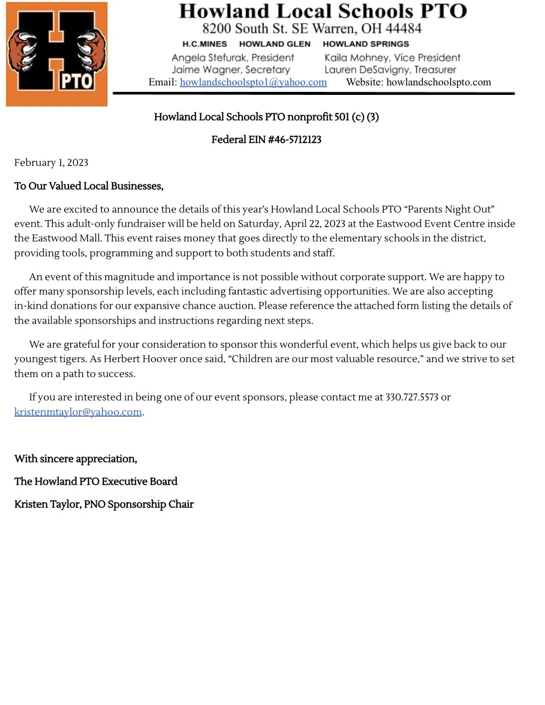 Sponsorship — Howland PTO