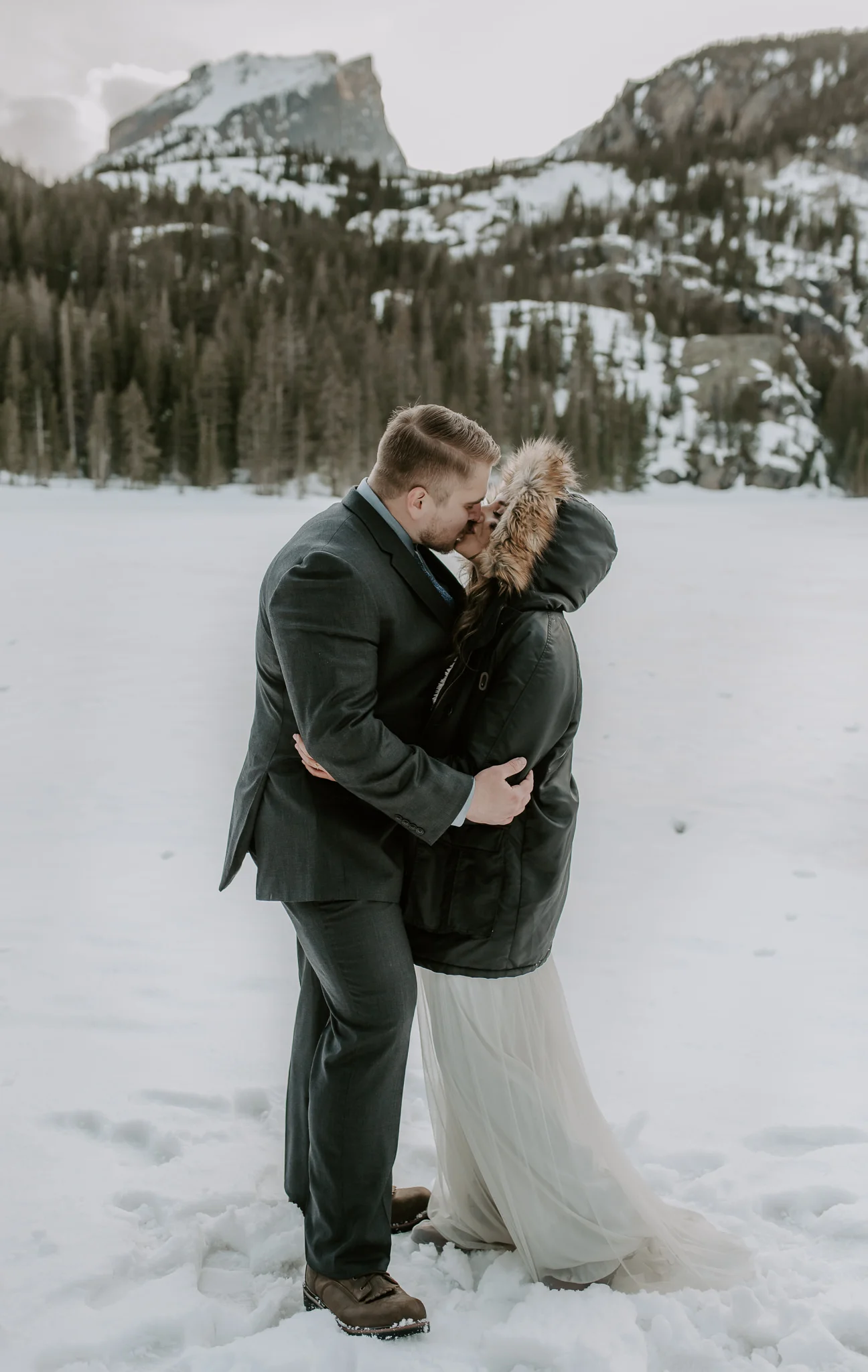  Winter intimate wedding in Rocky Mountain National Park at Bear Lake. Colorado elopement photographer. 